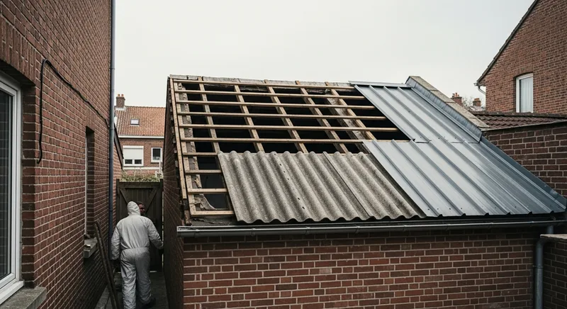 Toiture de garage fibrociment avant la vente d'une maison de ville, La Madeleine, quartier du Romarin